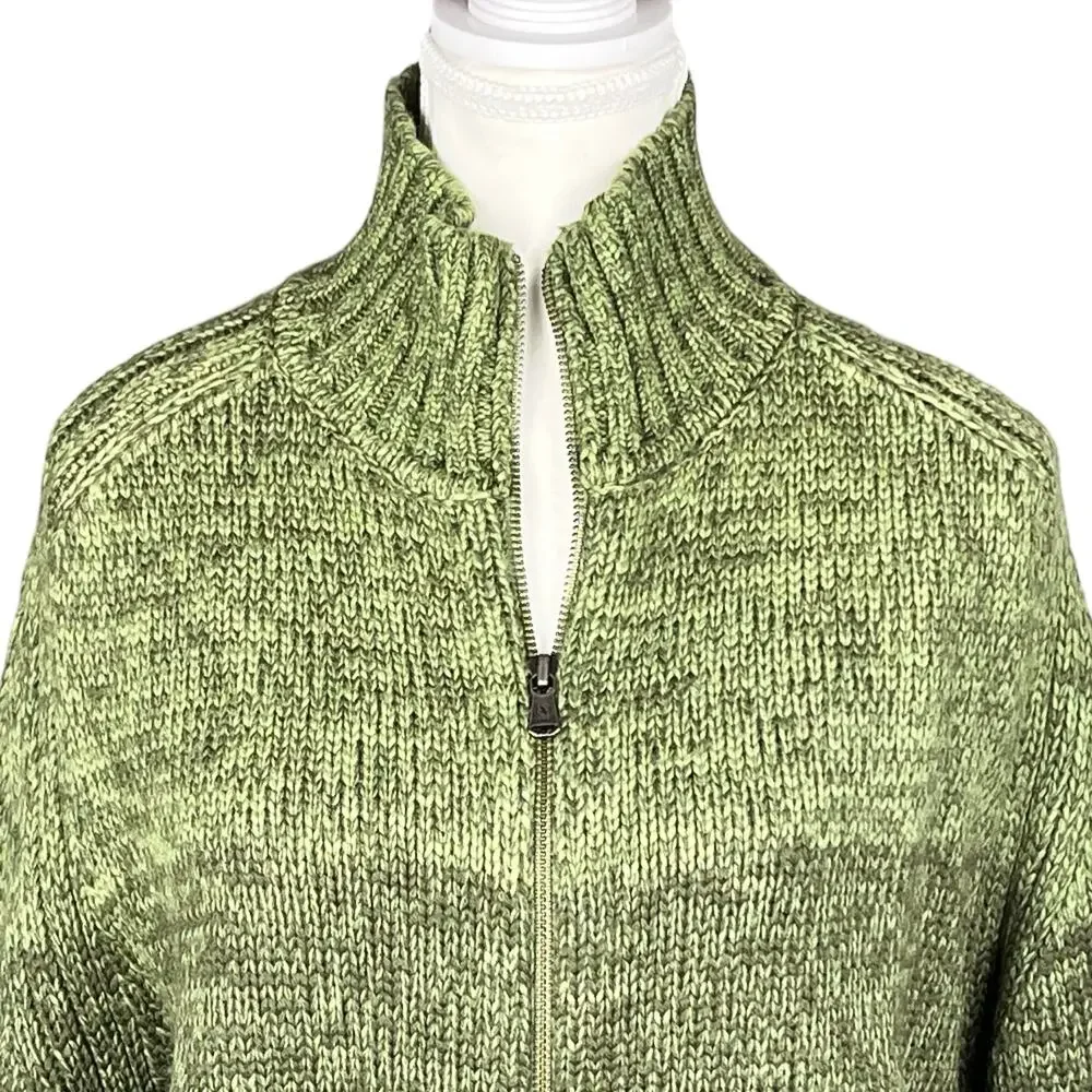 Aigle Mens Wool Zip Up Cardigan Sweater Knit Green‎ Stripe Grunge Y2K Medium